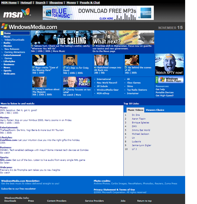 WindowsMedia website in 2001