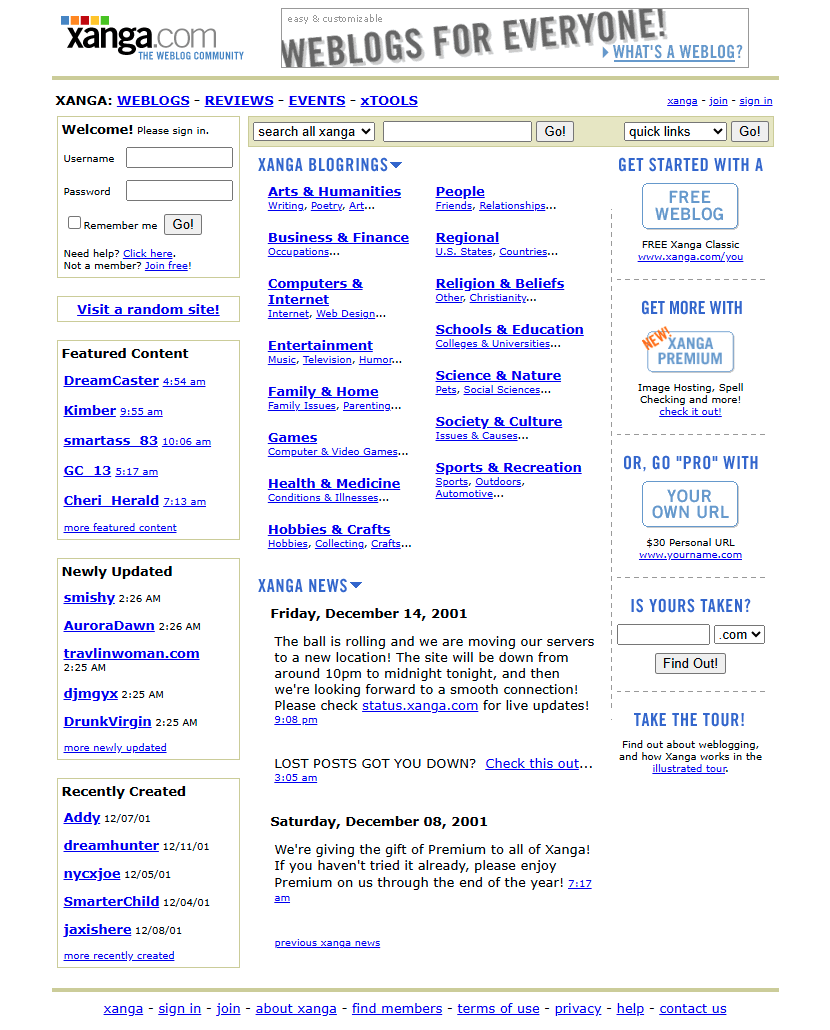 Xanga website in 2001