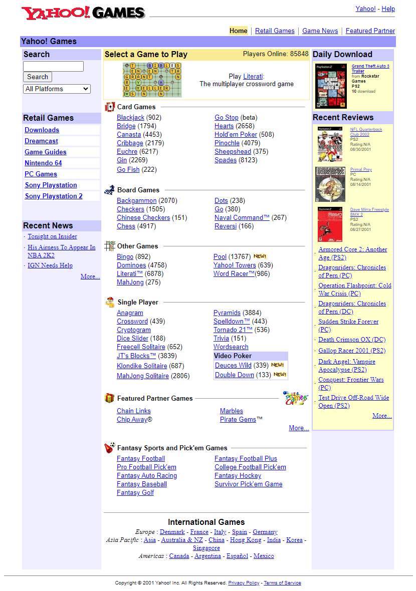 Yahoo Games website in 2001