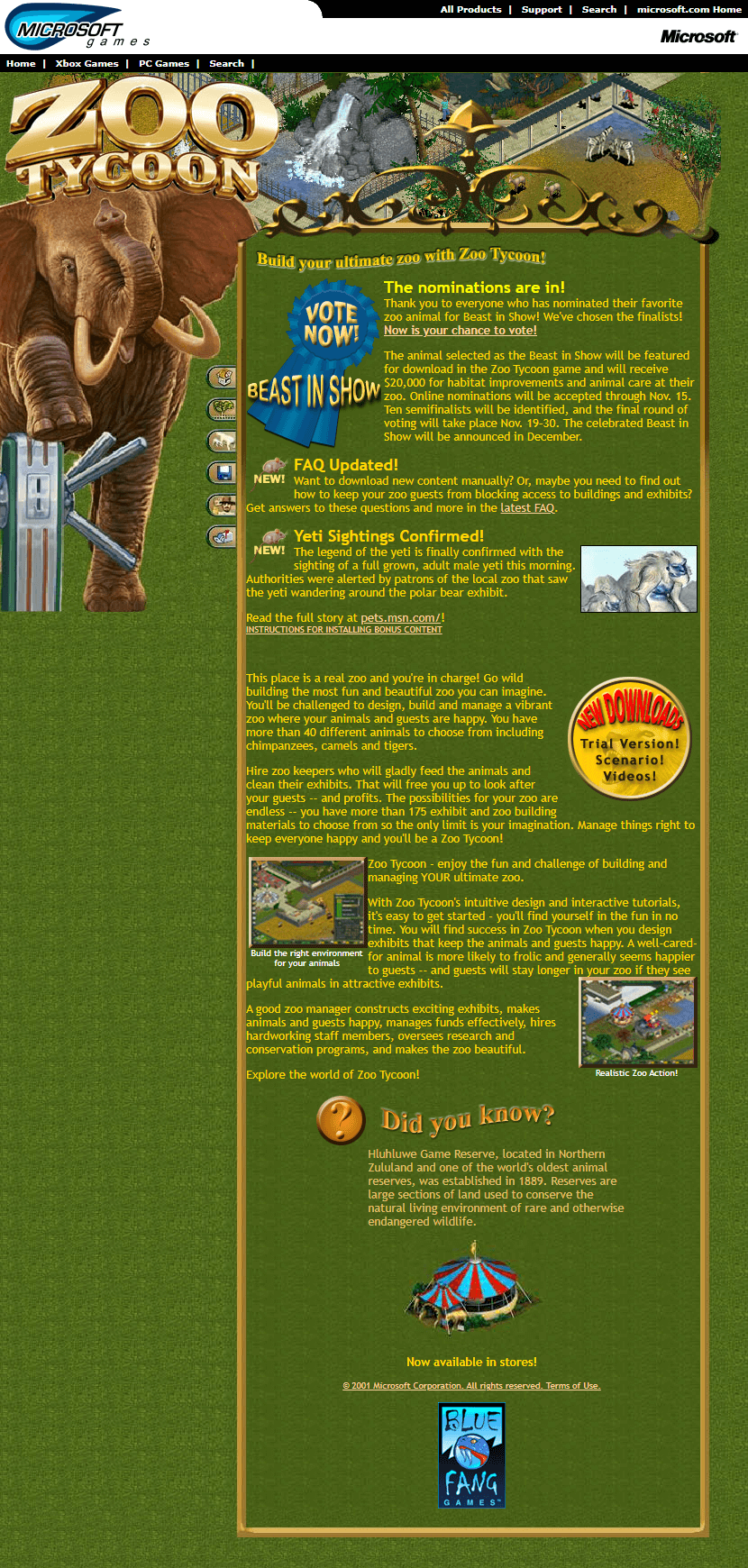 Zoo Tycoon website in 2001