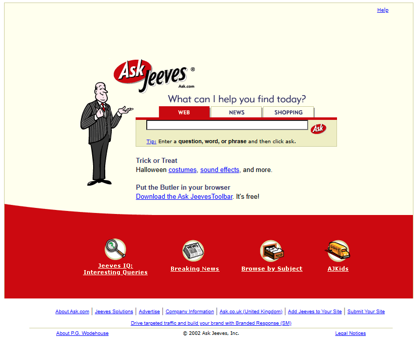 Ask Jeeves website in 2002