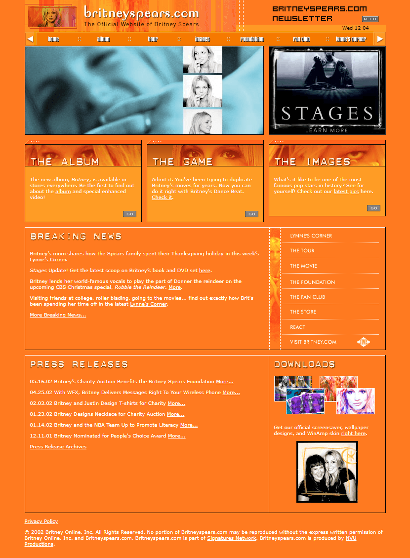 Britney Spears website in 2002