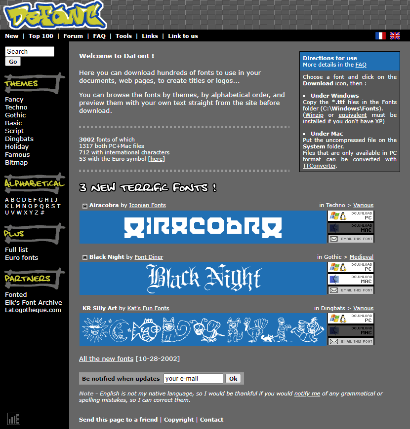 DaFont website in 2002