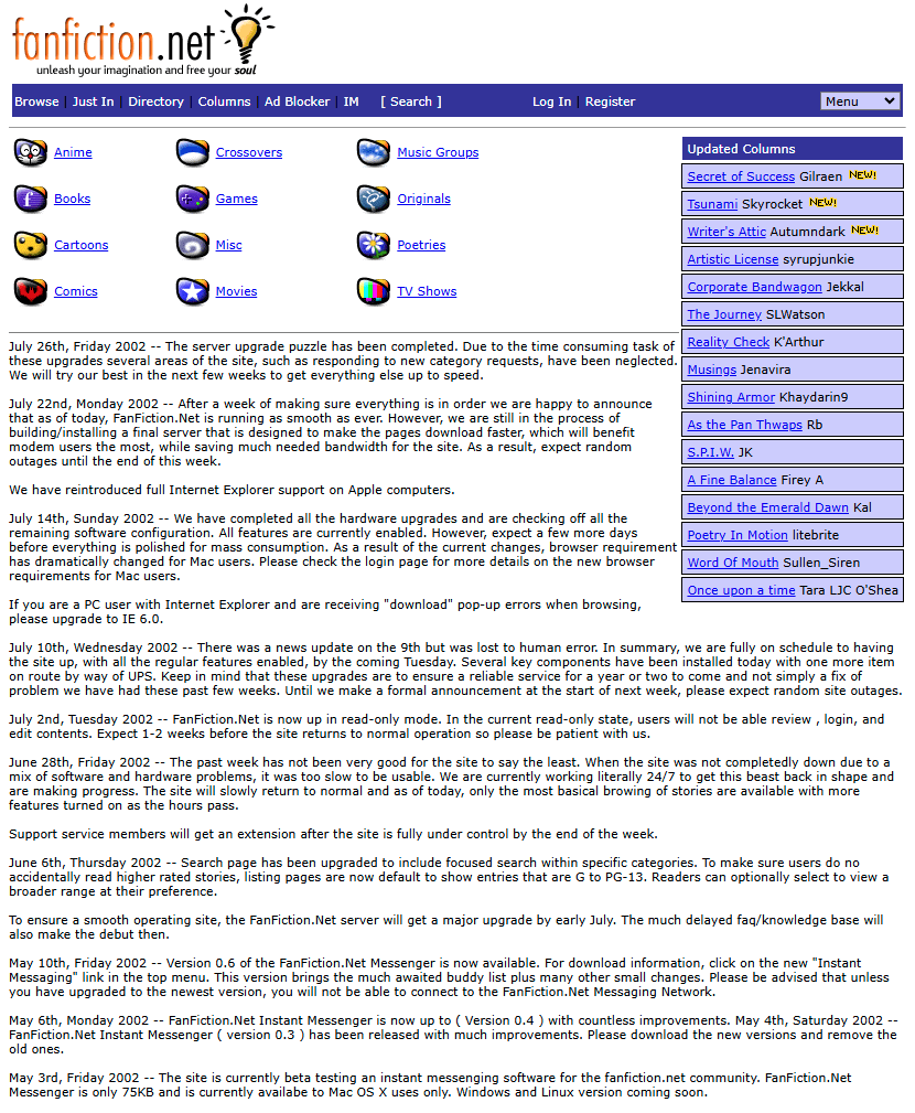 FanFiction.net website in 2002