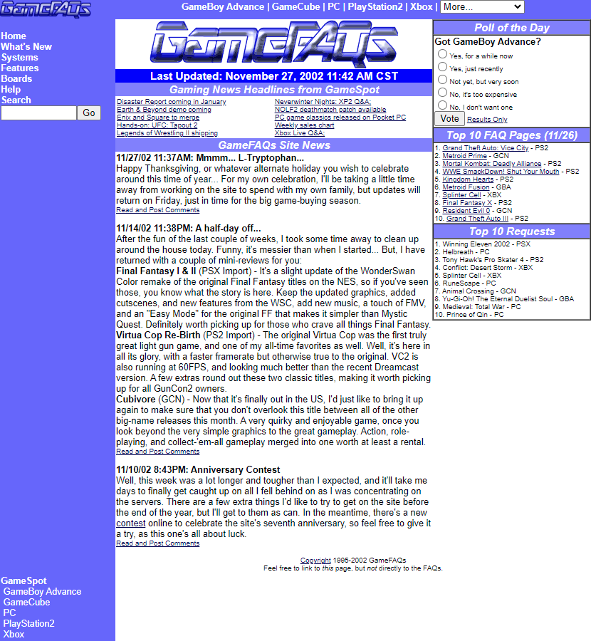 GameFAQs website in 2002