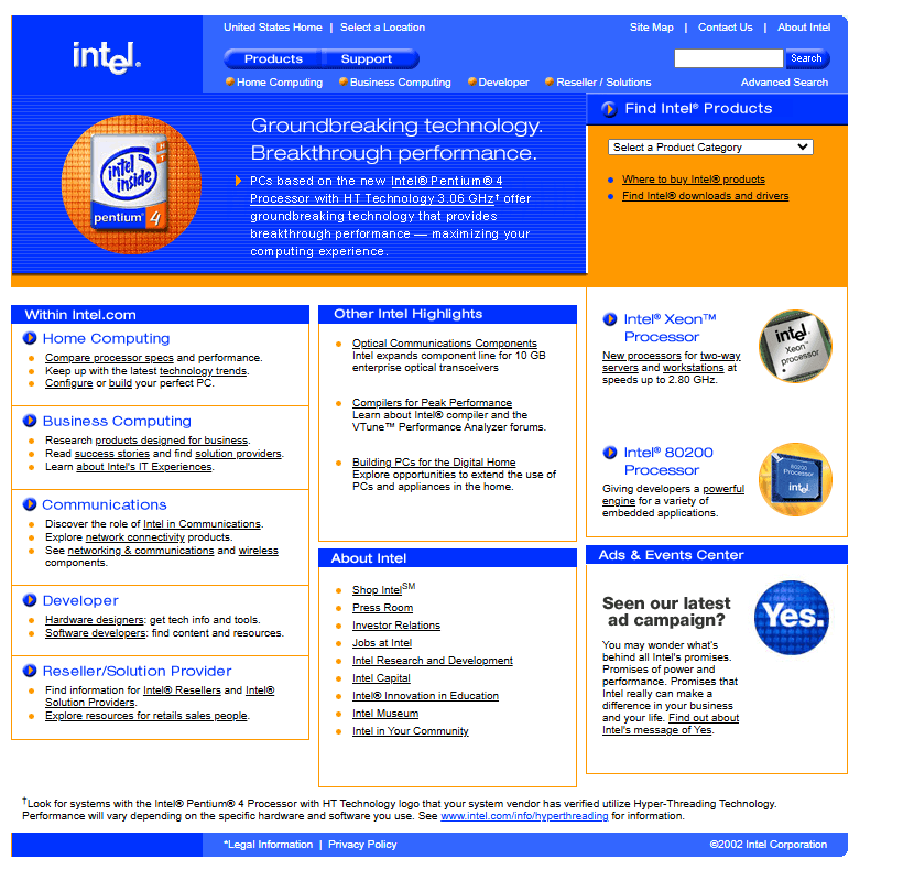 Intel website in 2002