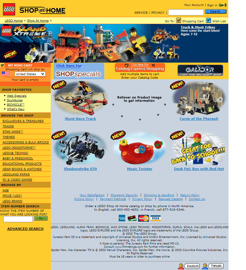 LEGO Shop at Home website in 2002