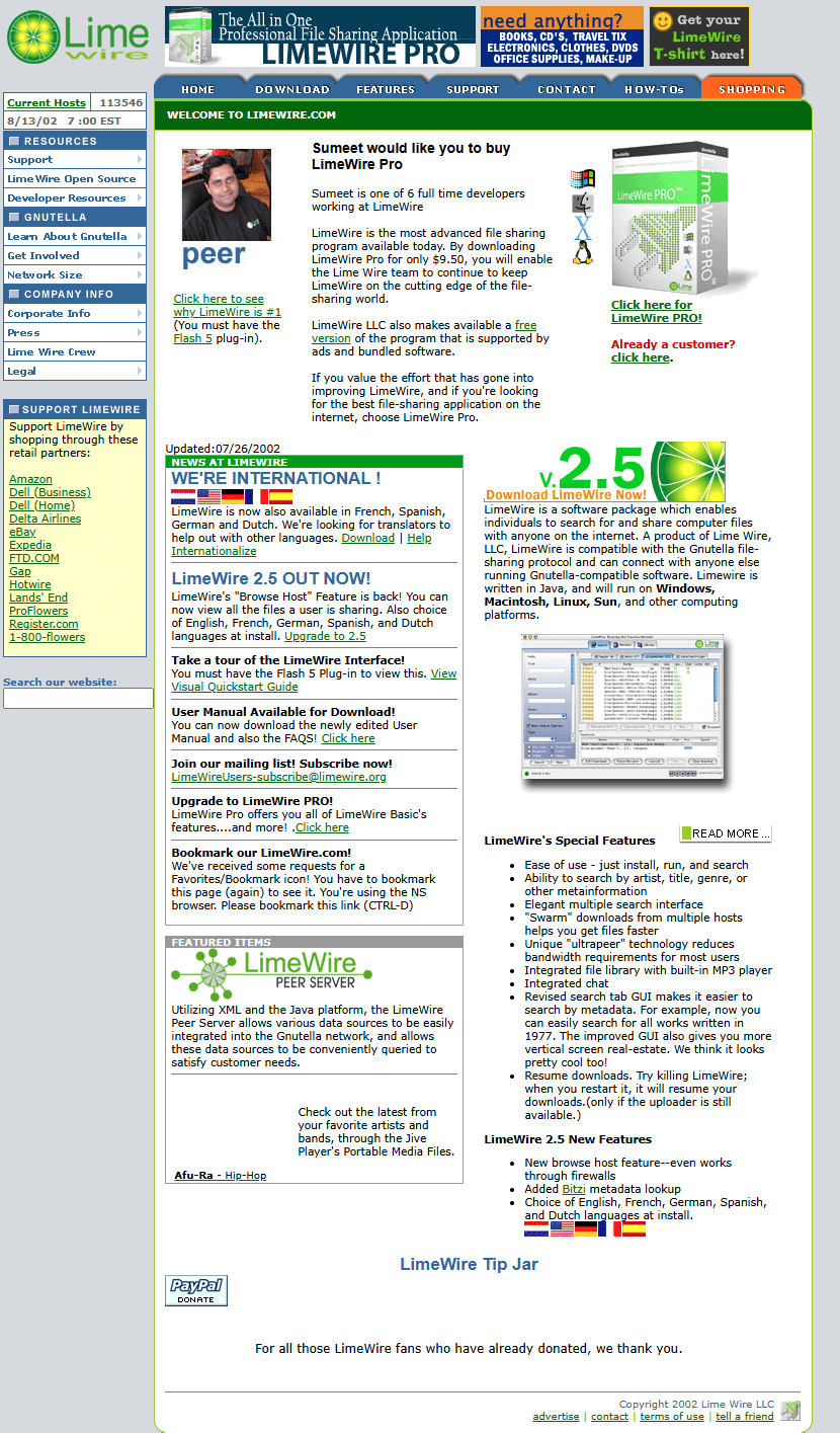LimeWire website in 2002