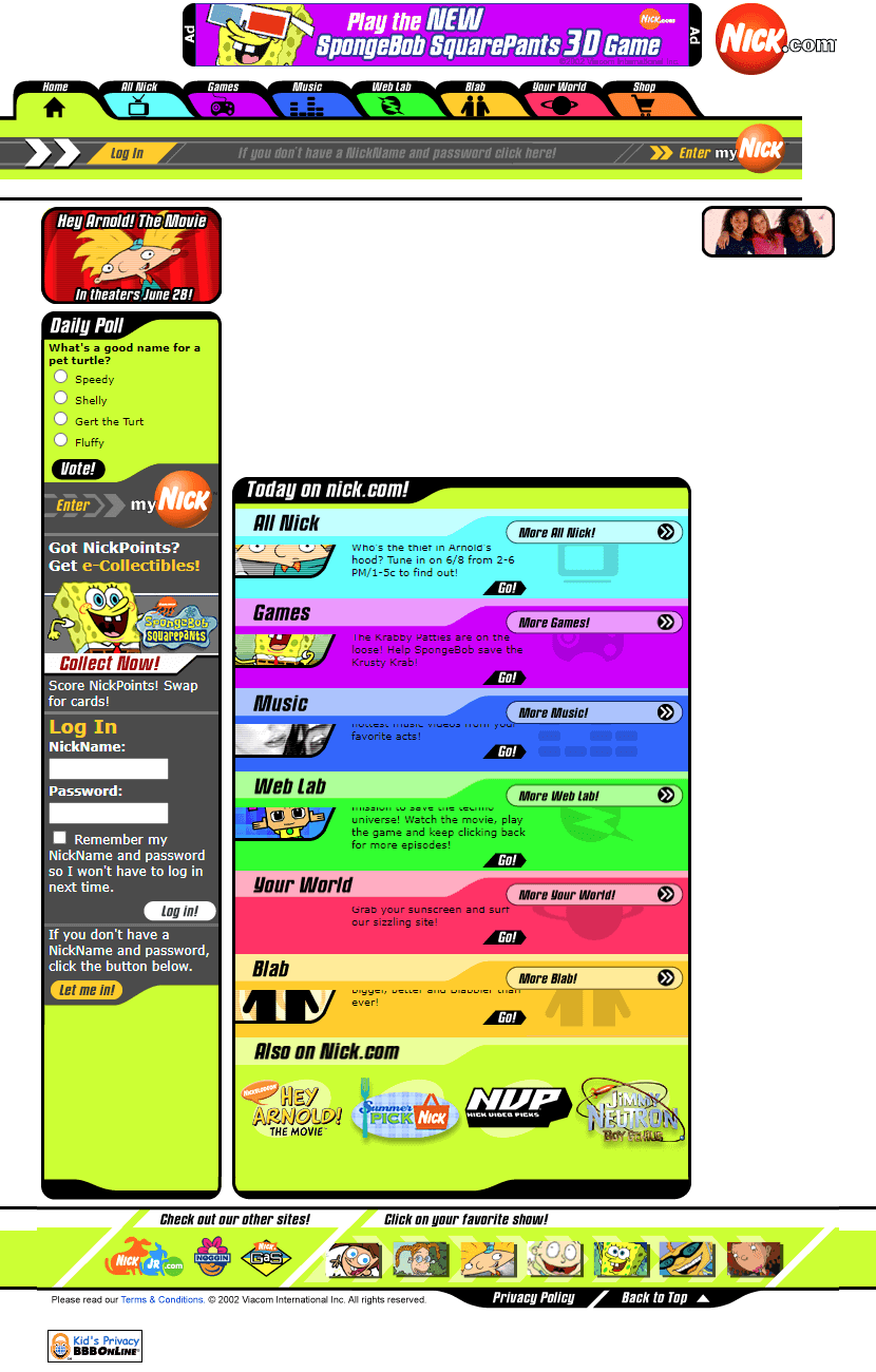 Nickelodeon website in 2002