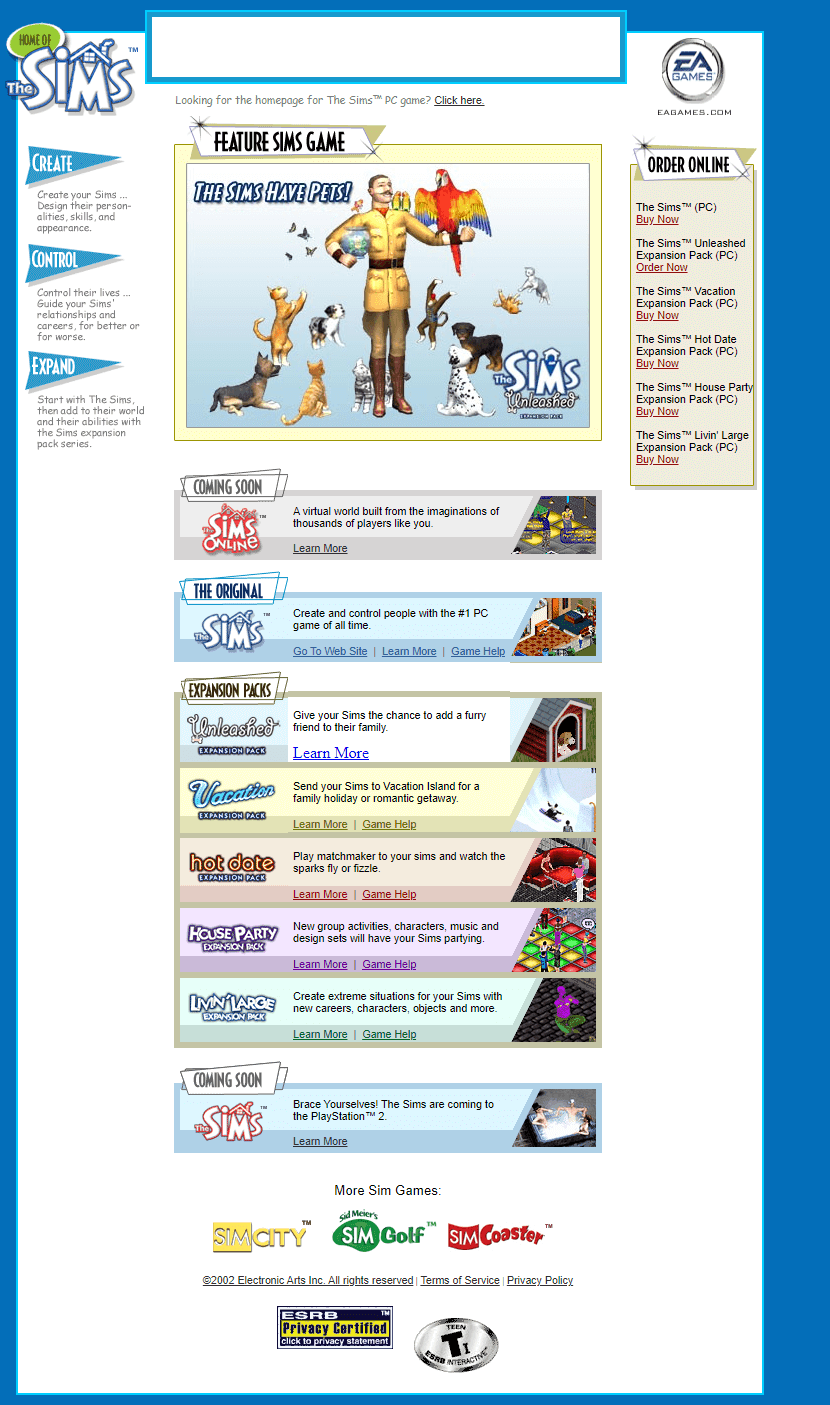The Sims website in 2002