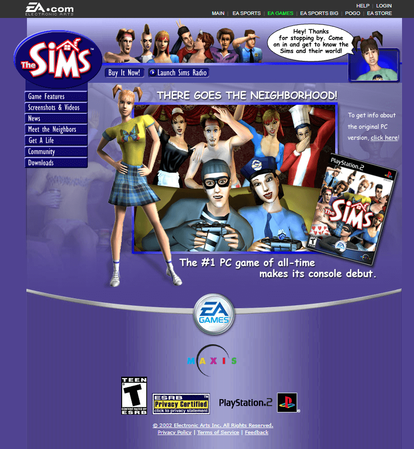 The Sims for Playstation 2 website in 2002