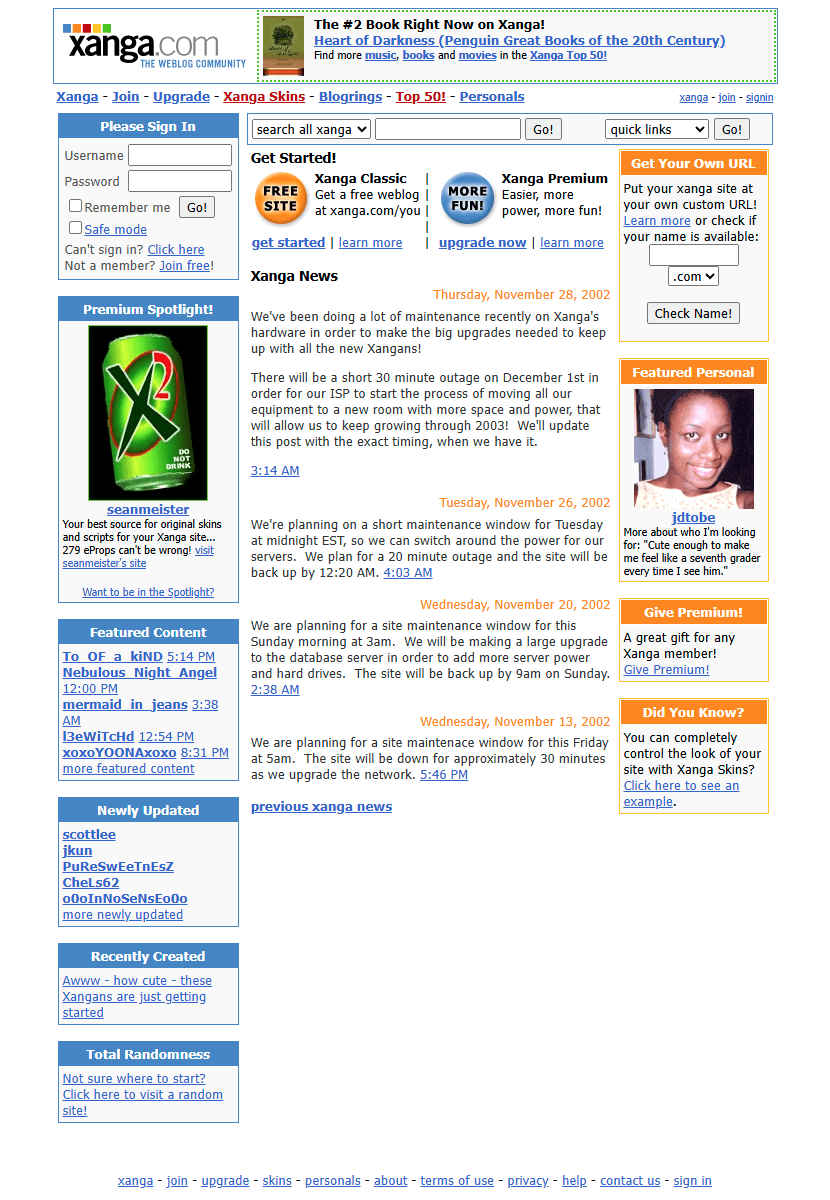Xanga website in 2002
