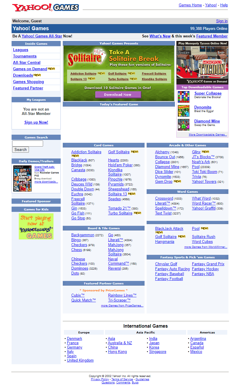 Yahoo Games website in 2002