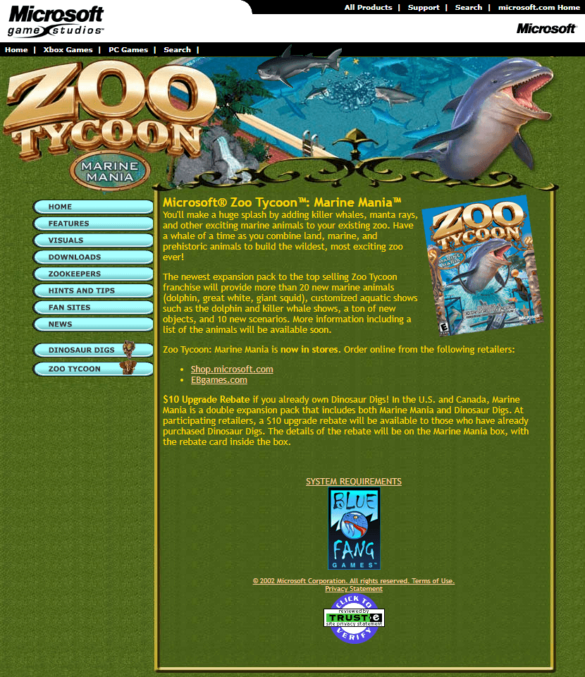 Zoo Tycoon Marine Mania website in 2002