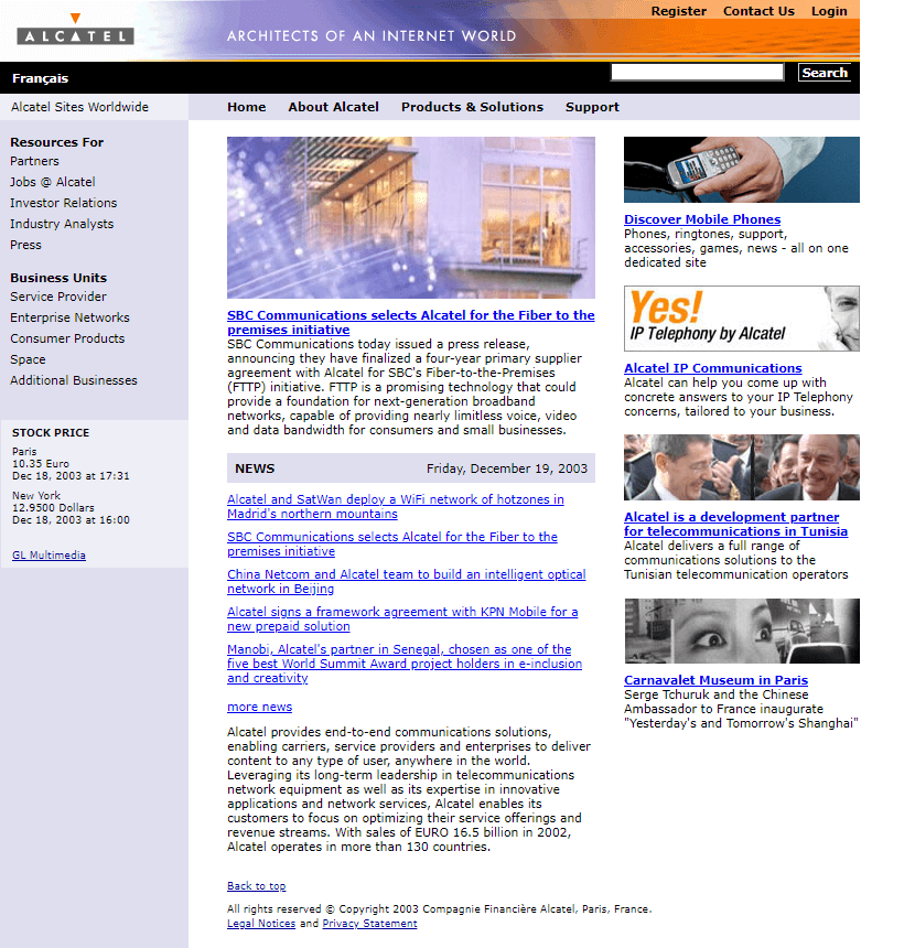 Alcatel website in 2003
