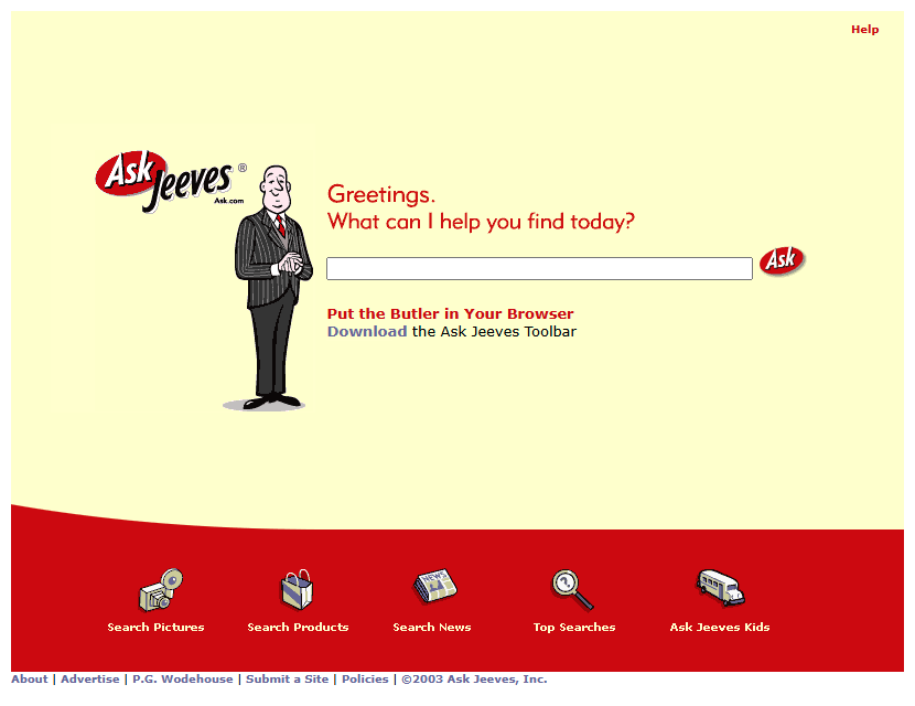 Ask Jeeves website in 2003