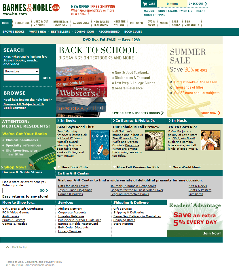 Barnes & Noble website in 2003
