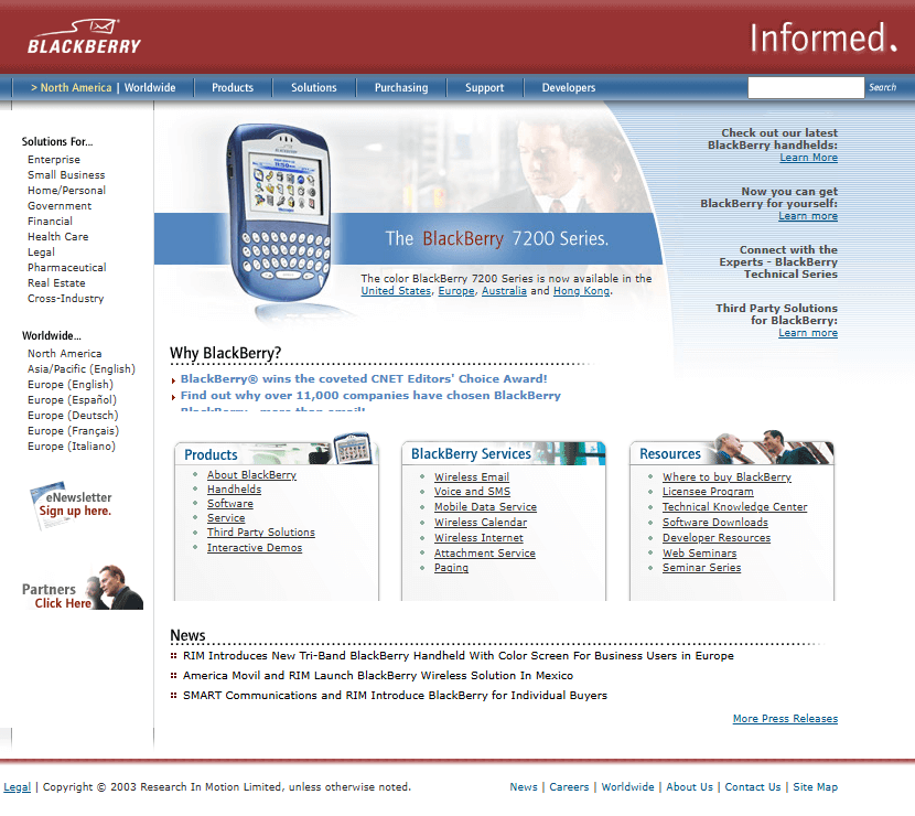 BlackBerry website in 2003
