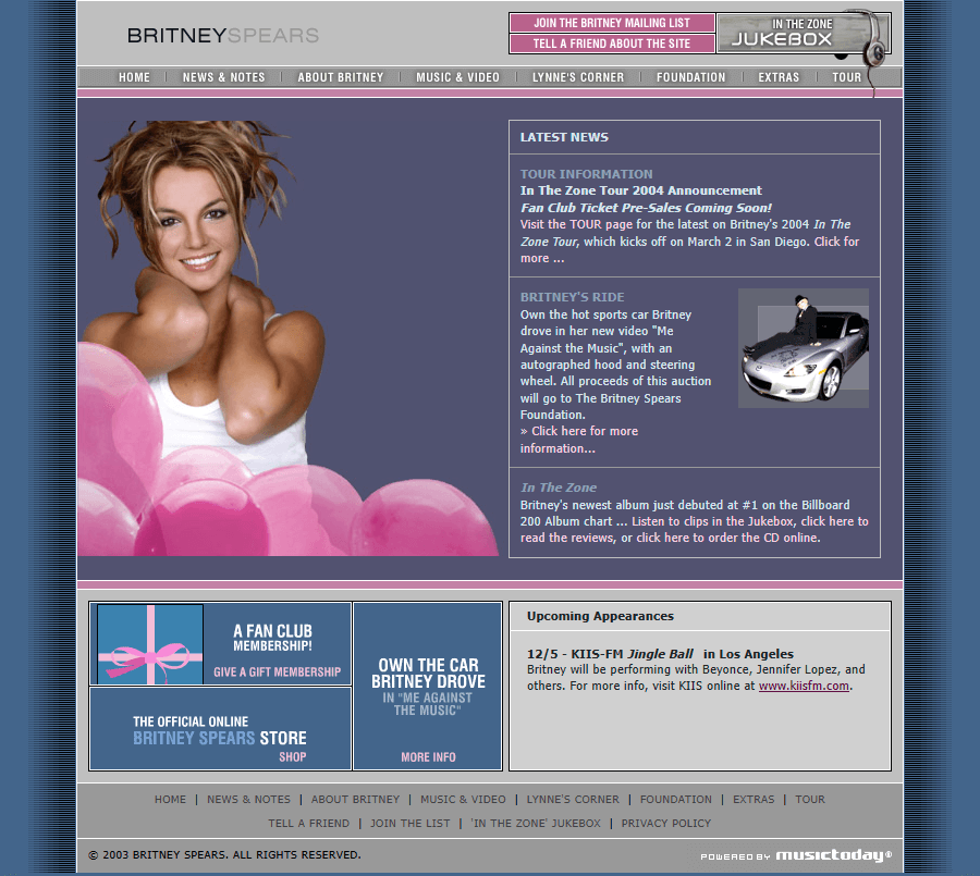 Britney Spears website in 2003