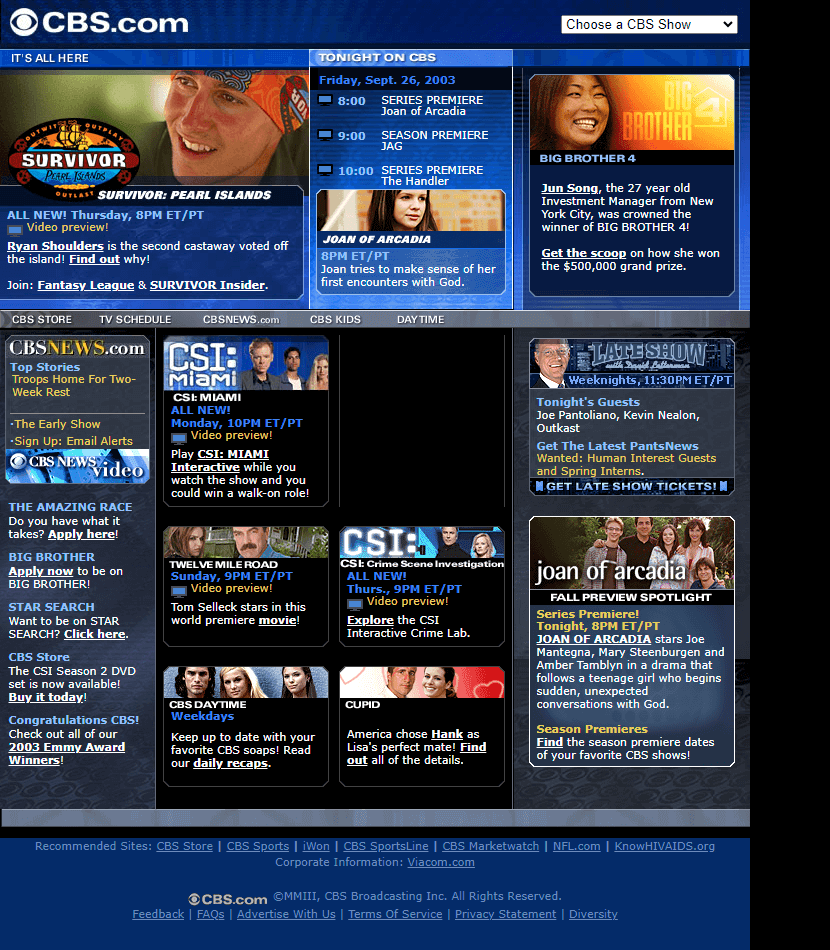 CBS website in 2003
