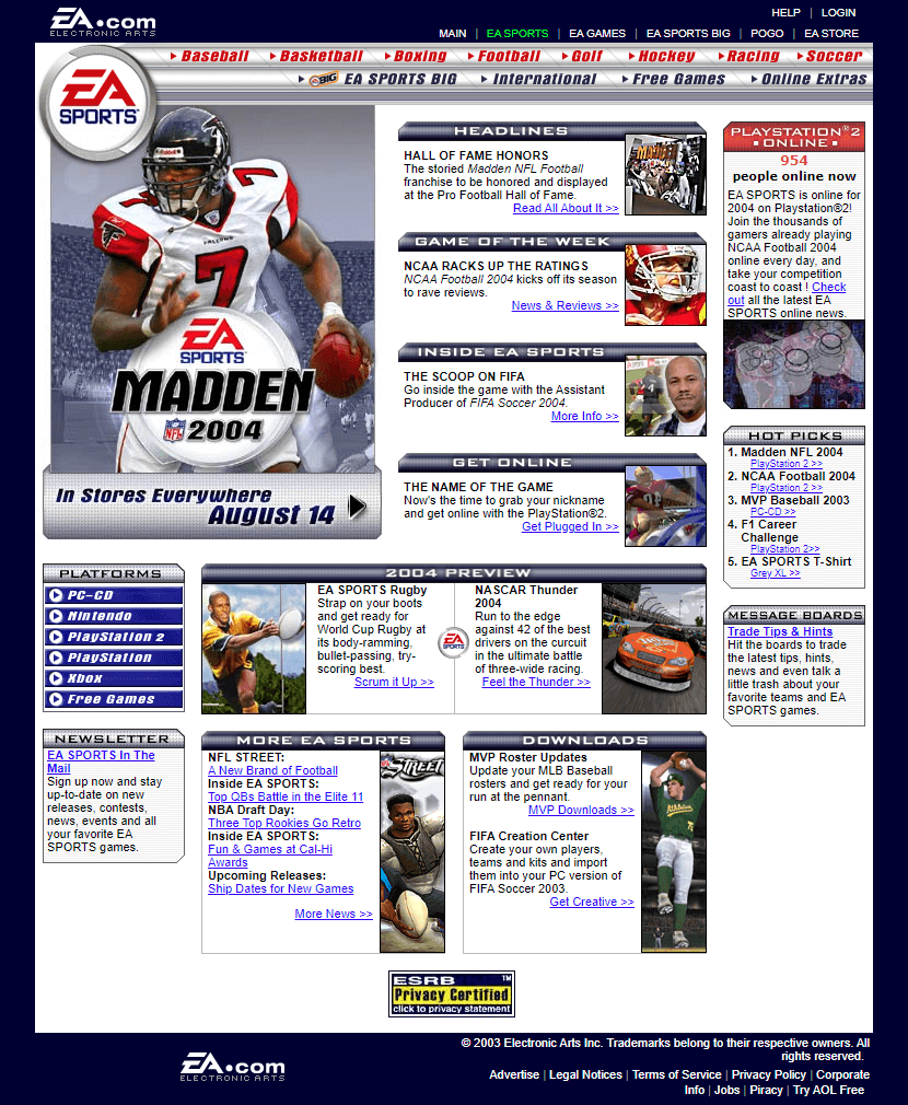 EA Sports website in 2000