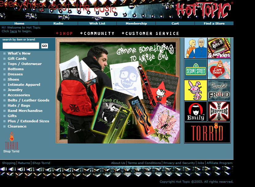 Hot Topic website in 2003