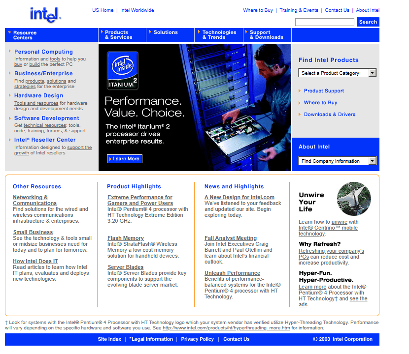 Intel website in 2003