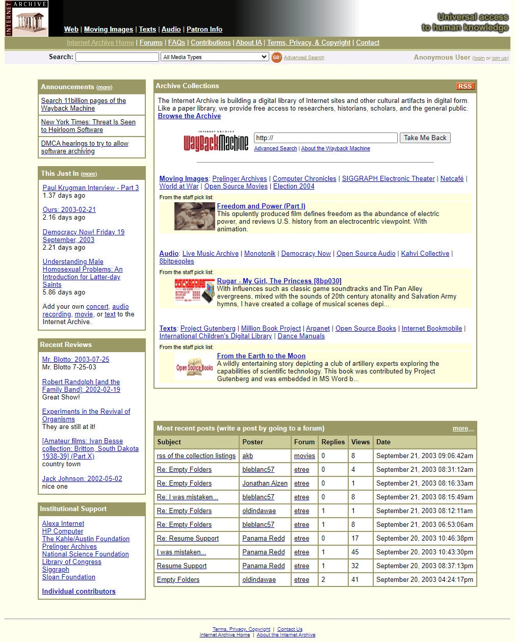 Internet Archive website in 2003
