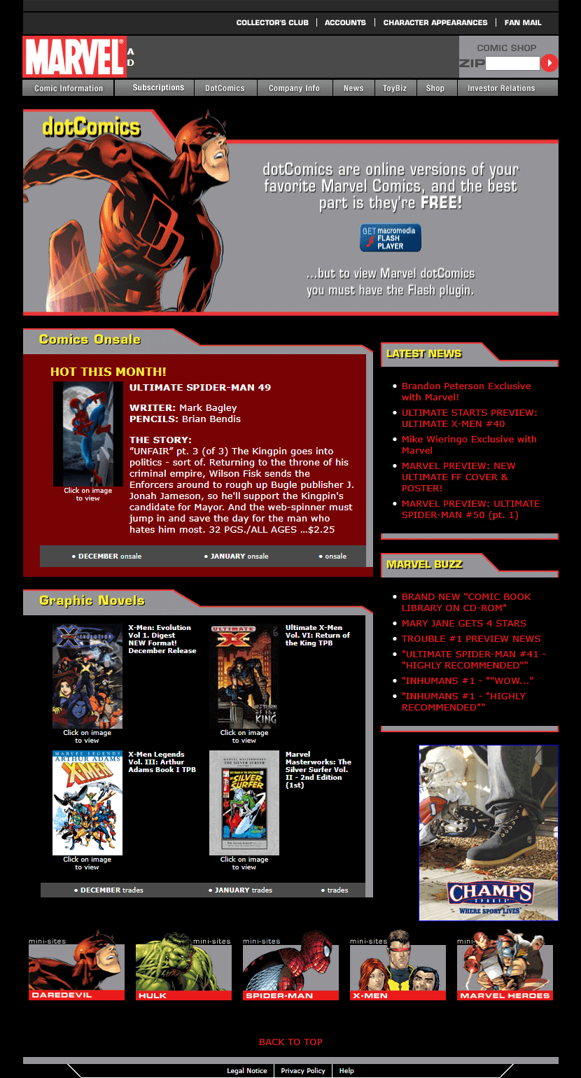 Marvel website in 2003