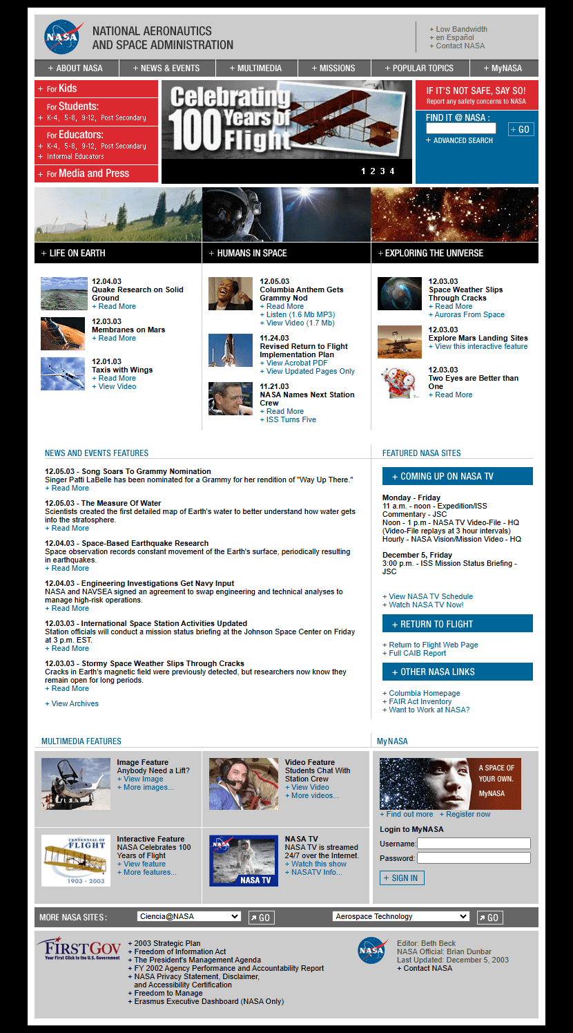 NASA website in 2003
