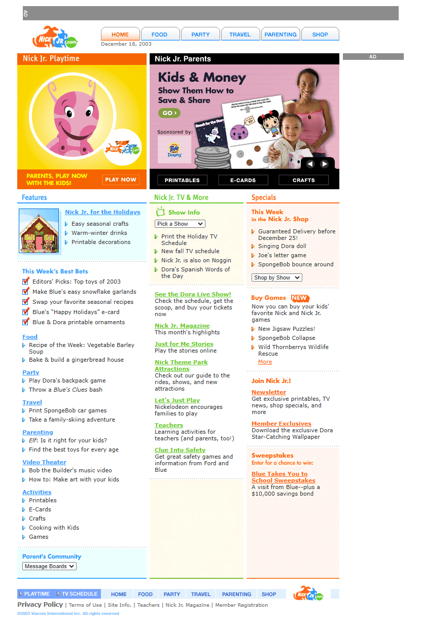 Nick Jr. website in 2003