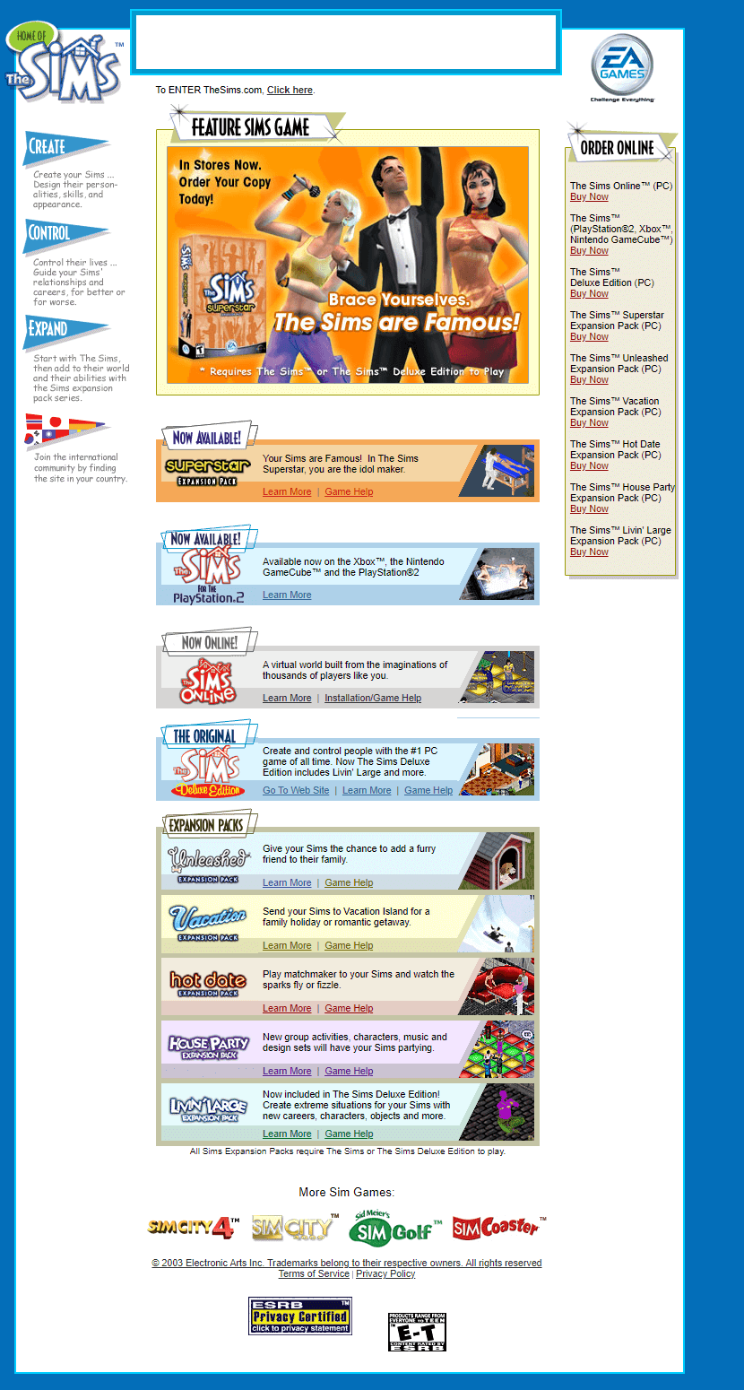 The Sims website in 2003