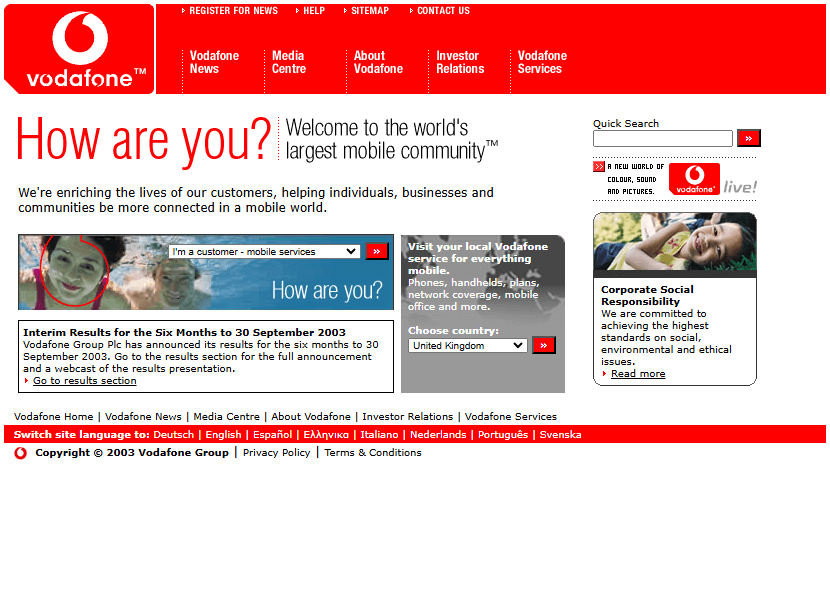Vodafone website in 2003