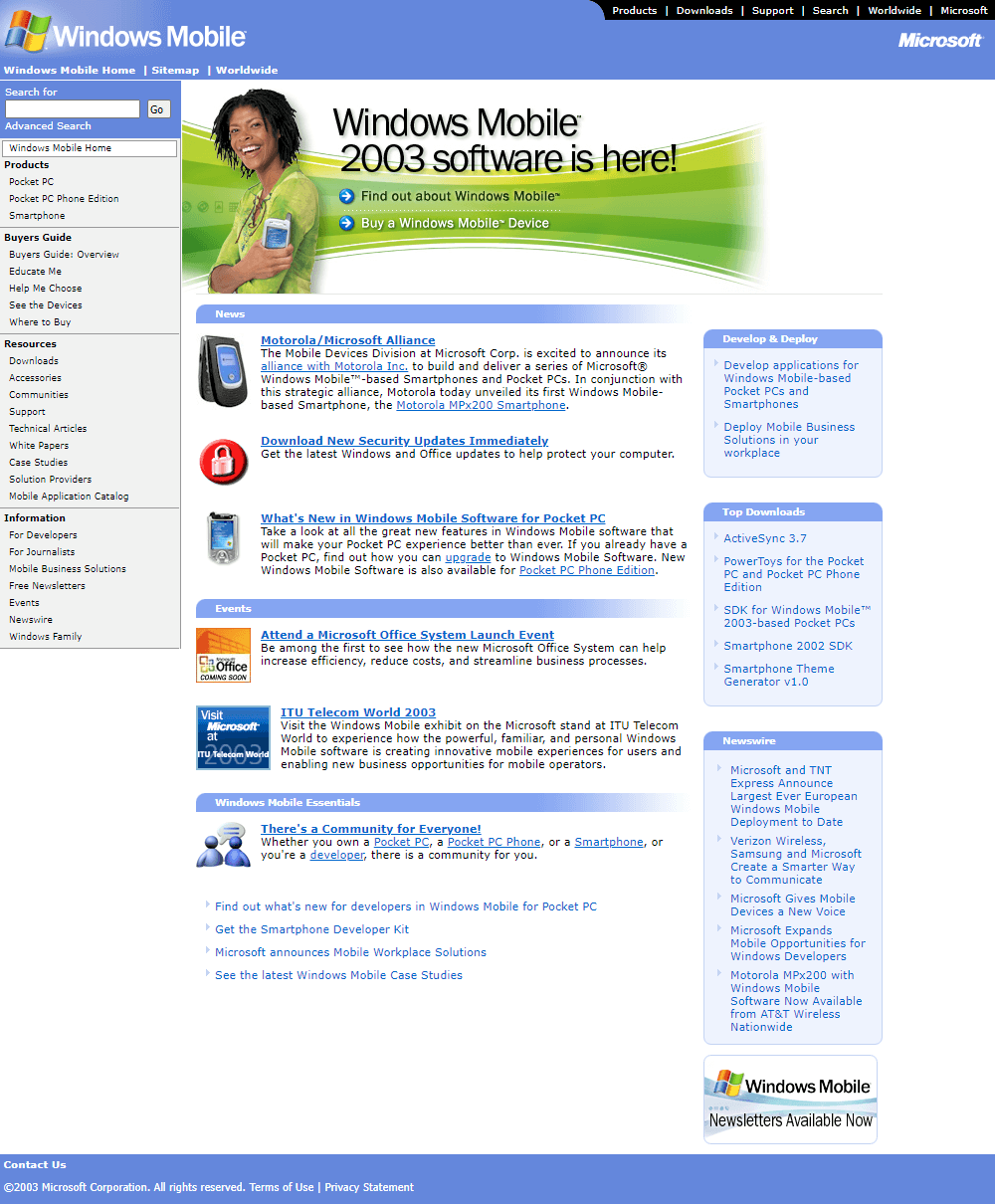 Windows Mobile website in 2003