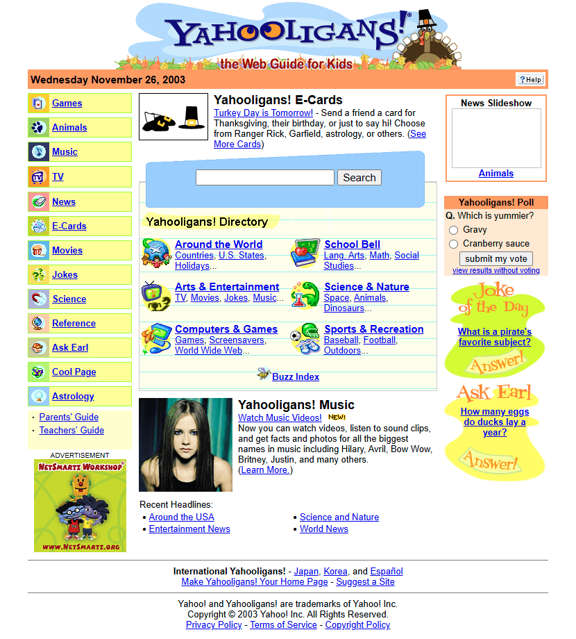 Yahooligans! website in 2003