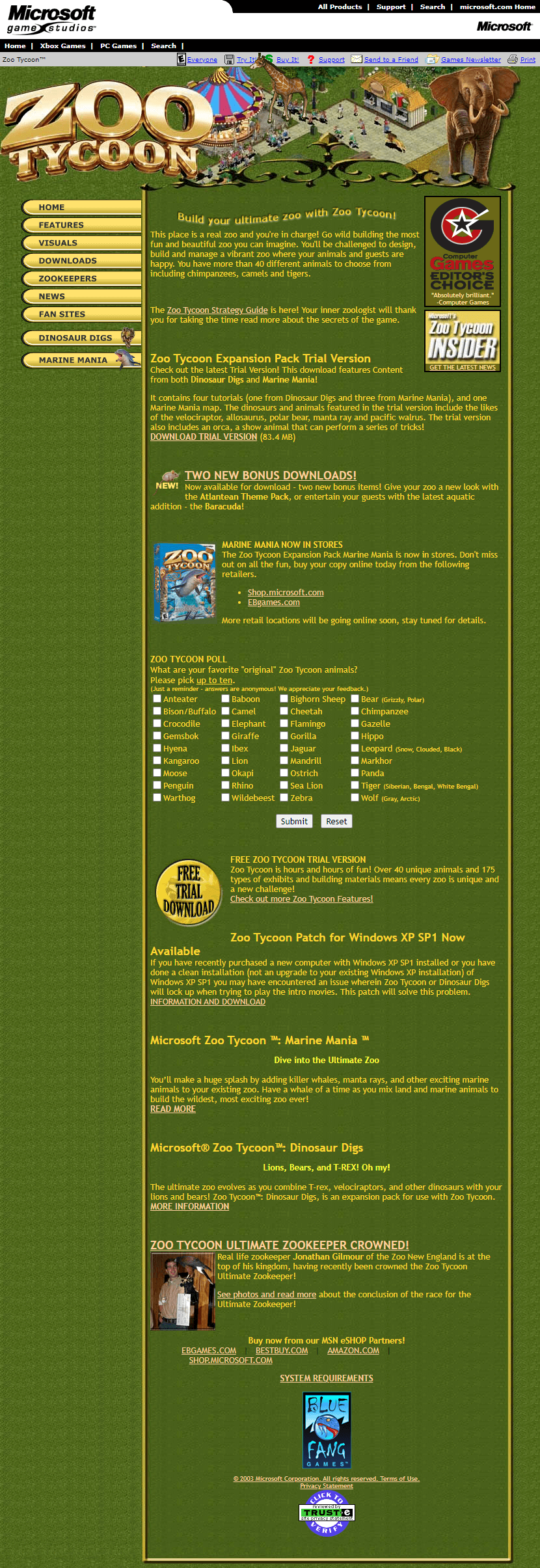 Zoo Tycoon website in 2003