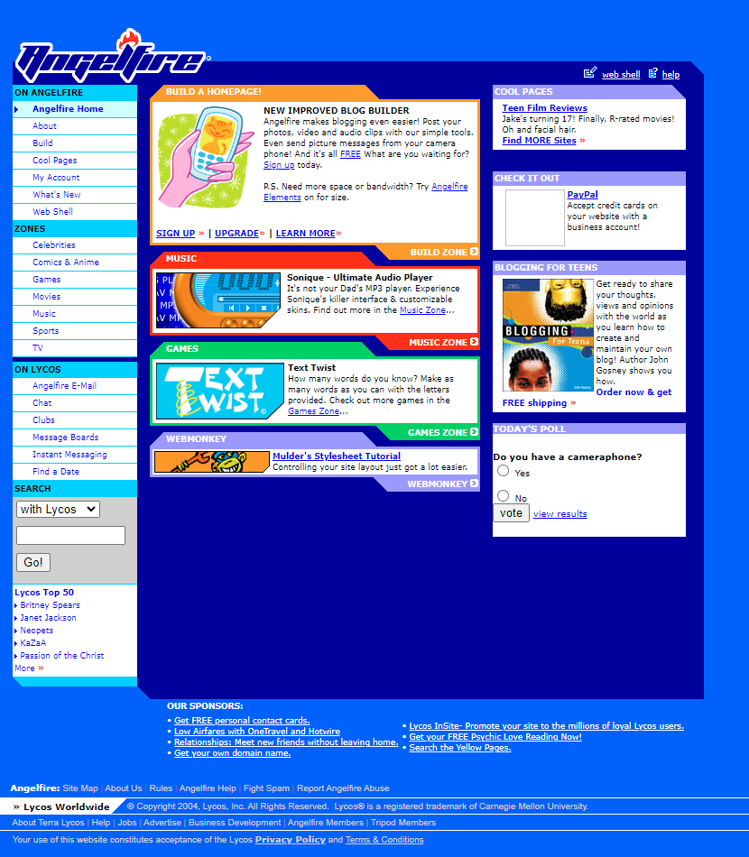Angelfire website in 2004