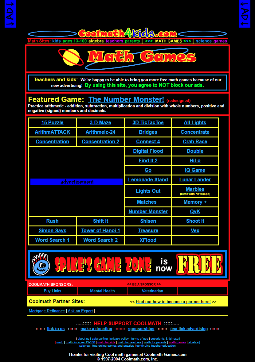 Cool Math Games website in 2004