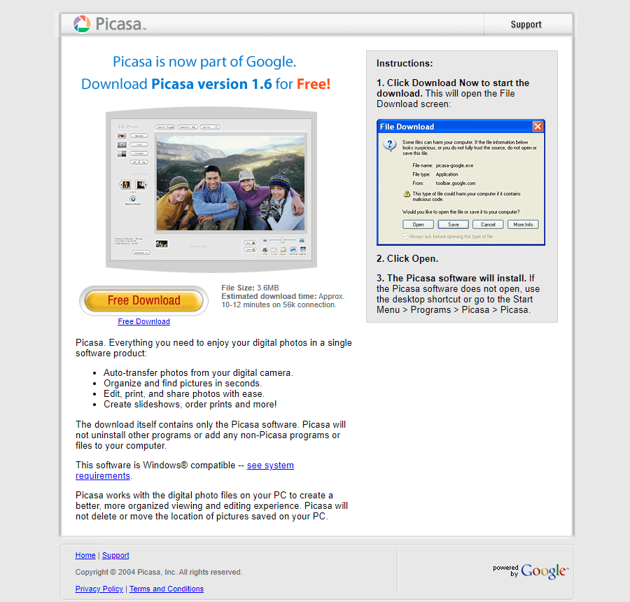 Google Picasa website in 2004
