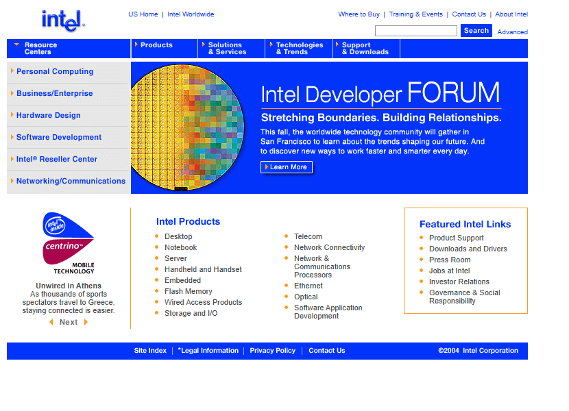 Intel website in 2004