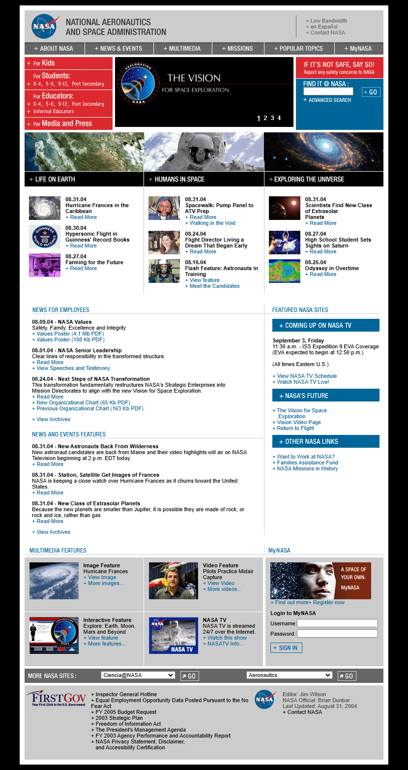 NASA website in 2004