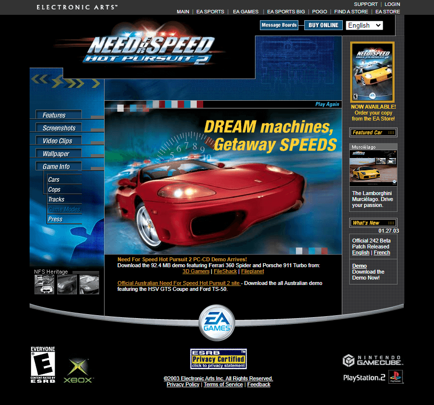 Need For Speed Hot Pursuit 2 website in 2004