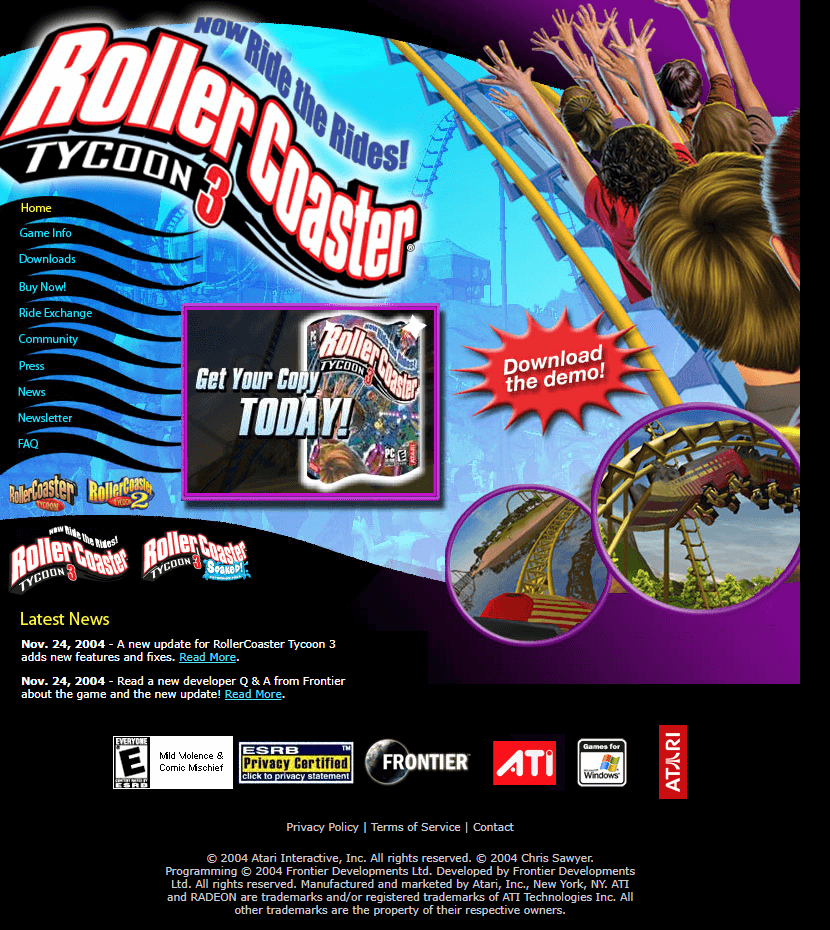 RollerCoaster Tycoon 3 website in 2004
