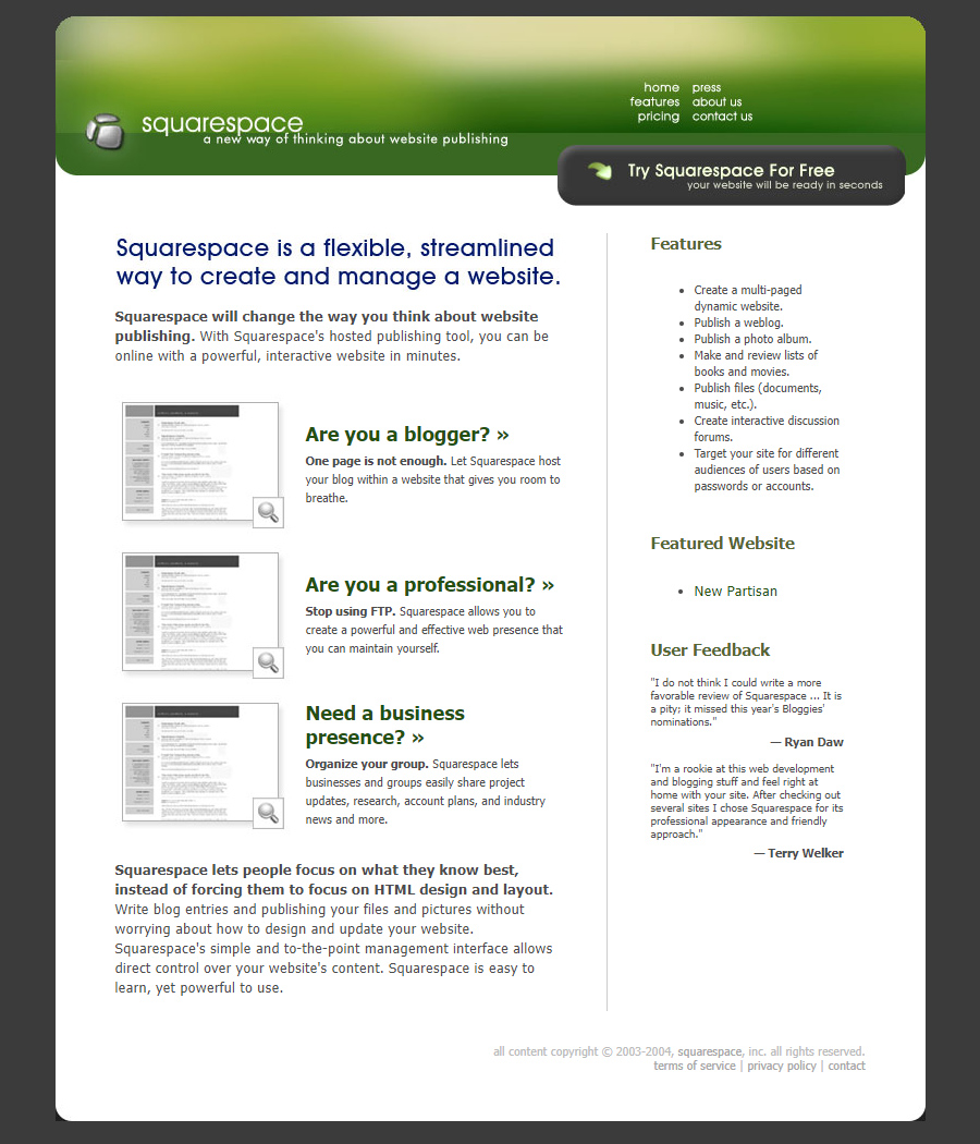 Squarespace website in 2004