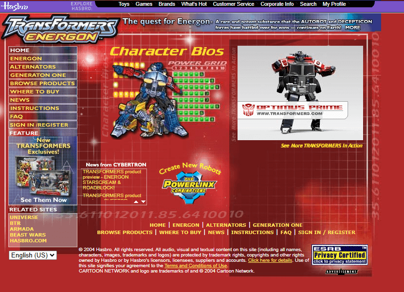 Transformers Energon website in 2004