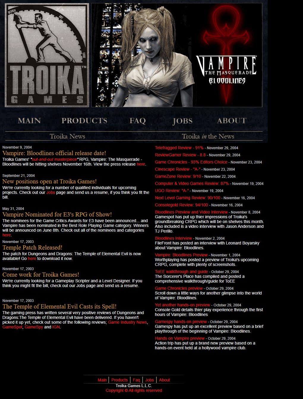 Troika Games website in 2004