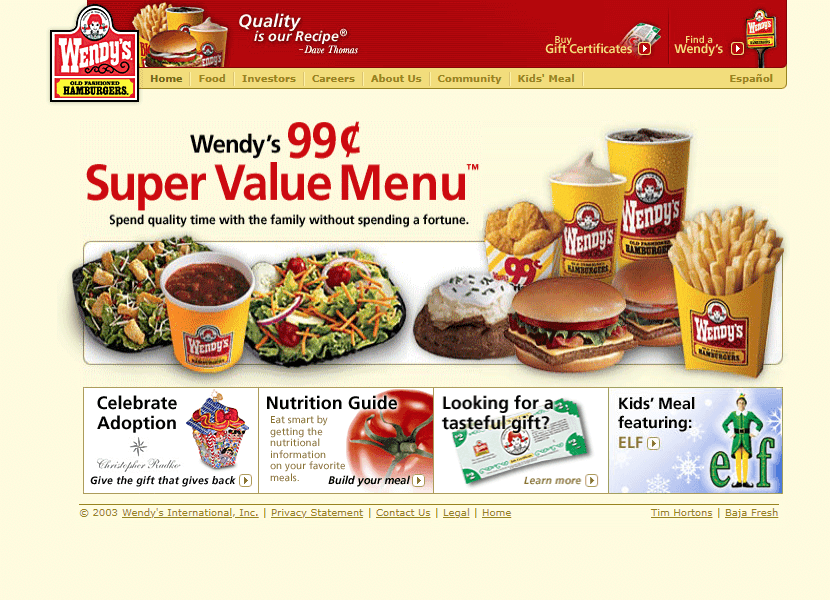 Wendy's website in 2004