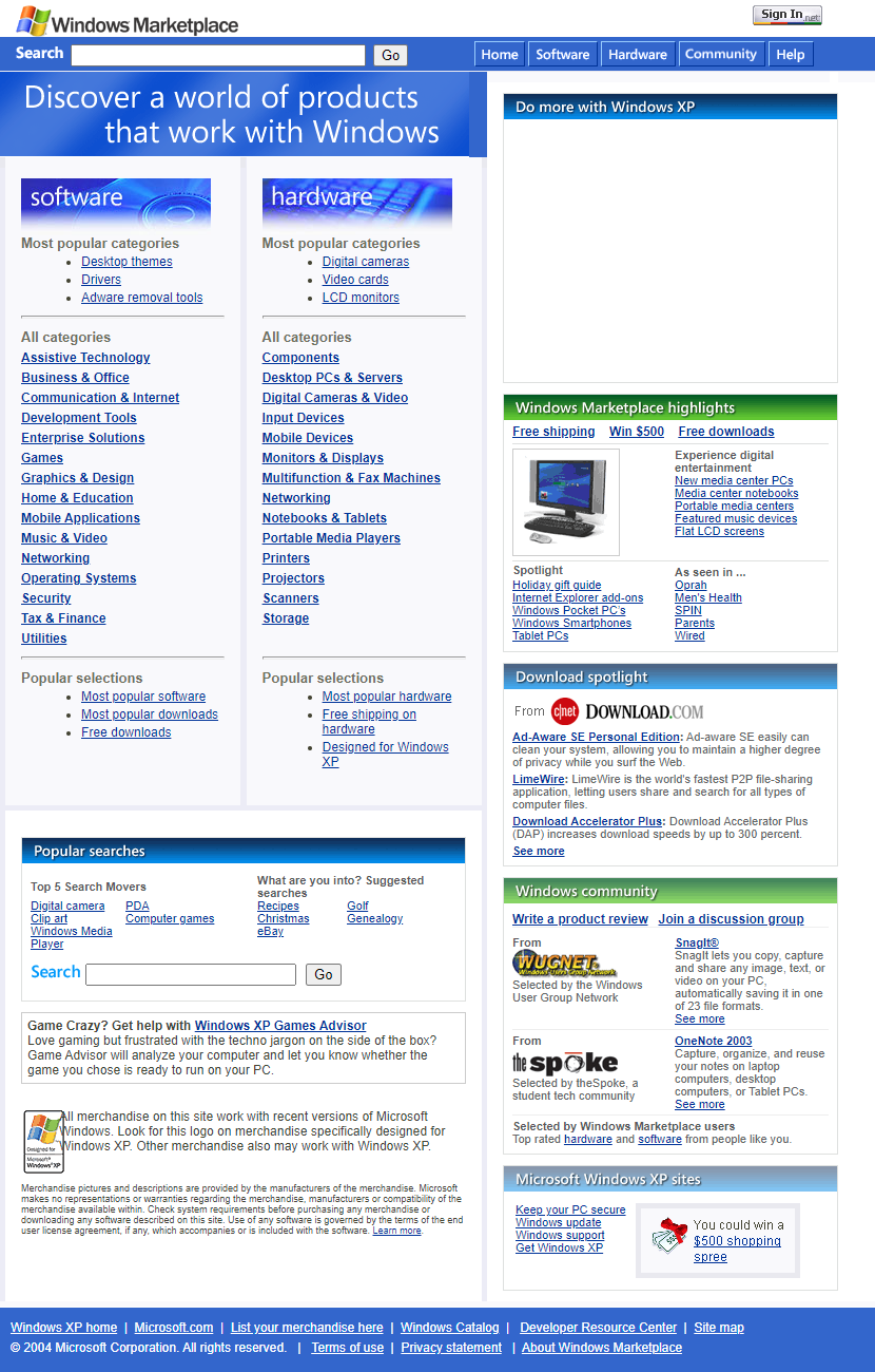 Windows Marketplace website in 2004