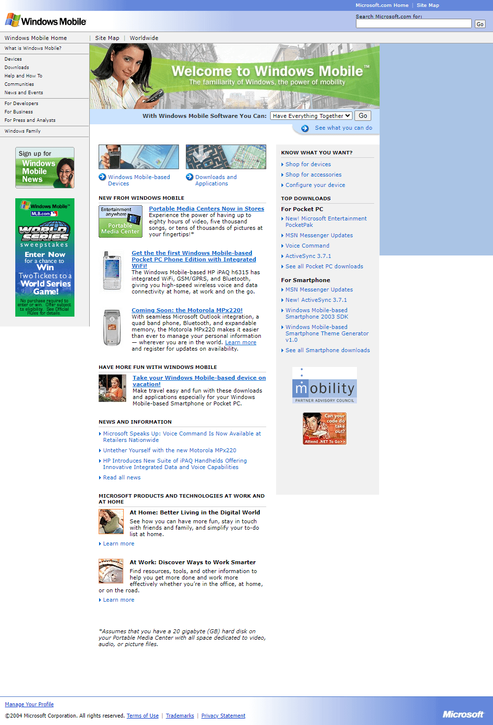 Windows Mobile website in 2004