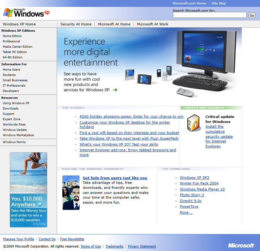 Windows XP Home Page in 2004